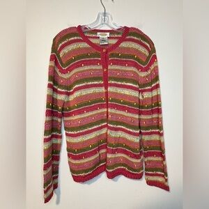 Talbots Striped Cardigan Sweater Knit Wood Beads Cottagecore Boho Y2K Sz Medium